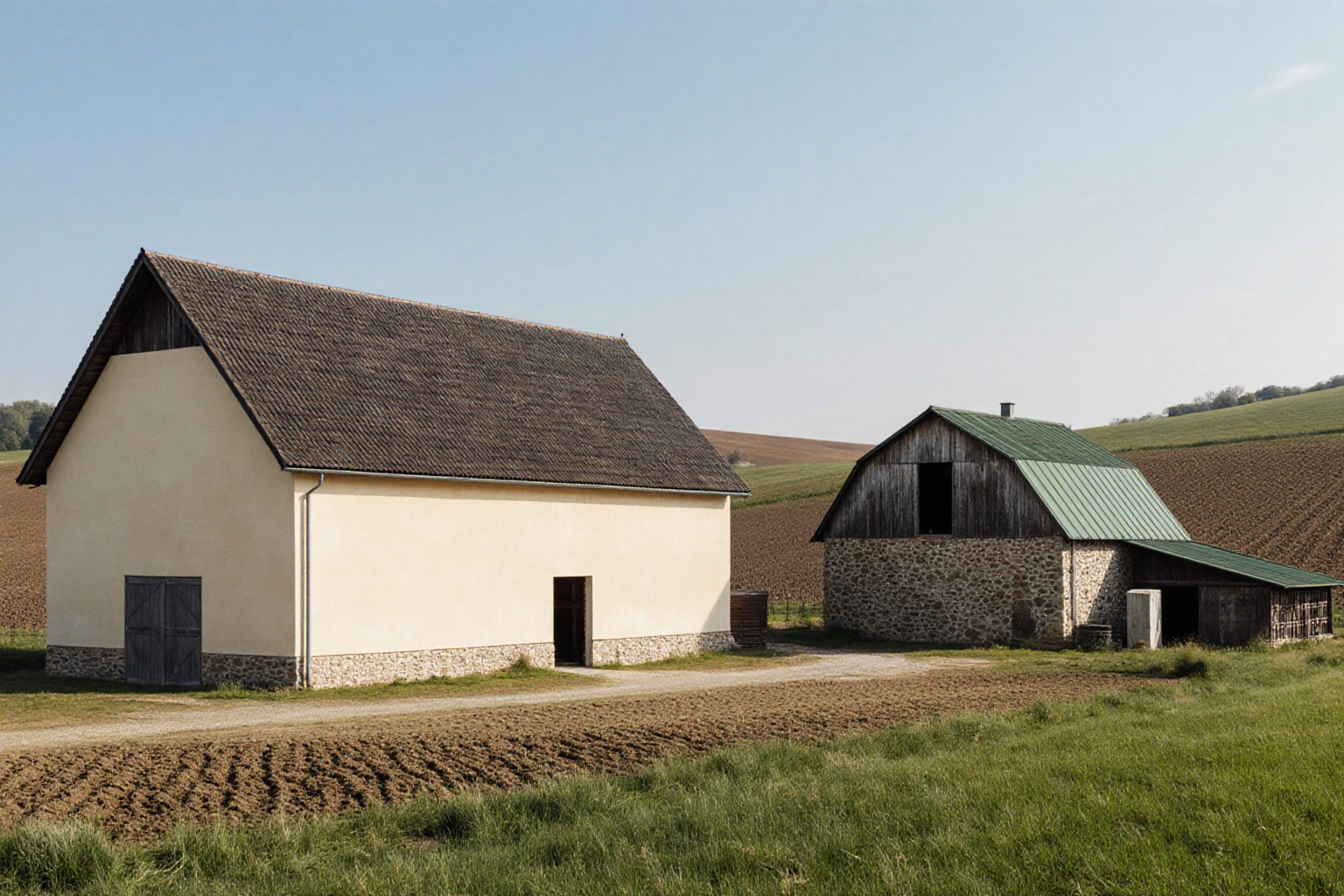 Farm buildings with plaster, stone and timber facades beside cultivated fields