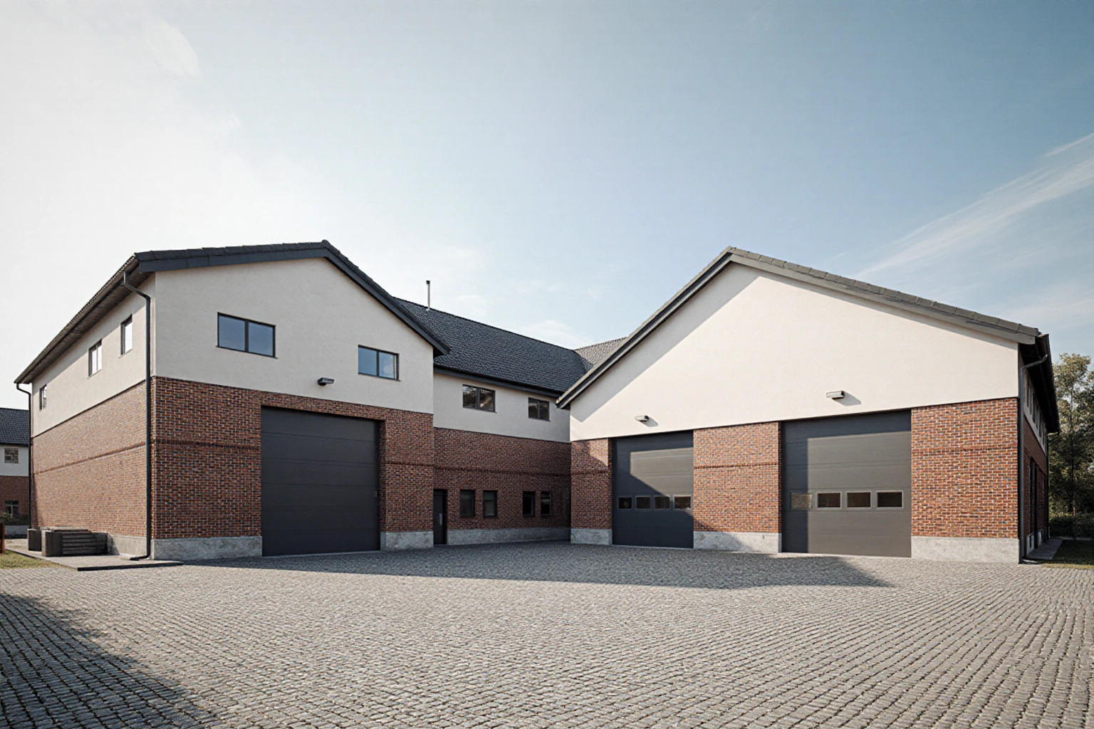 Commercial buildings with workshop doors, office windows and a paved yard
