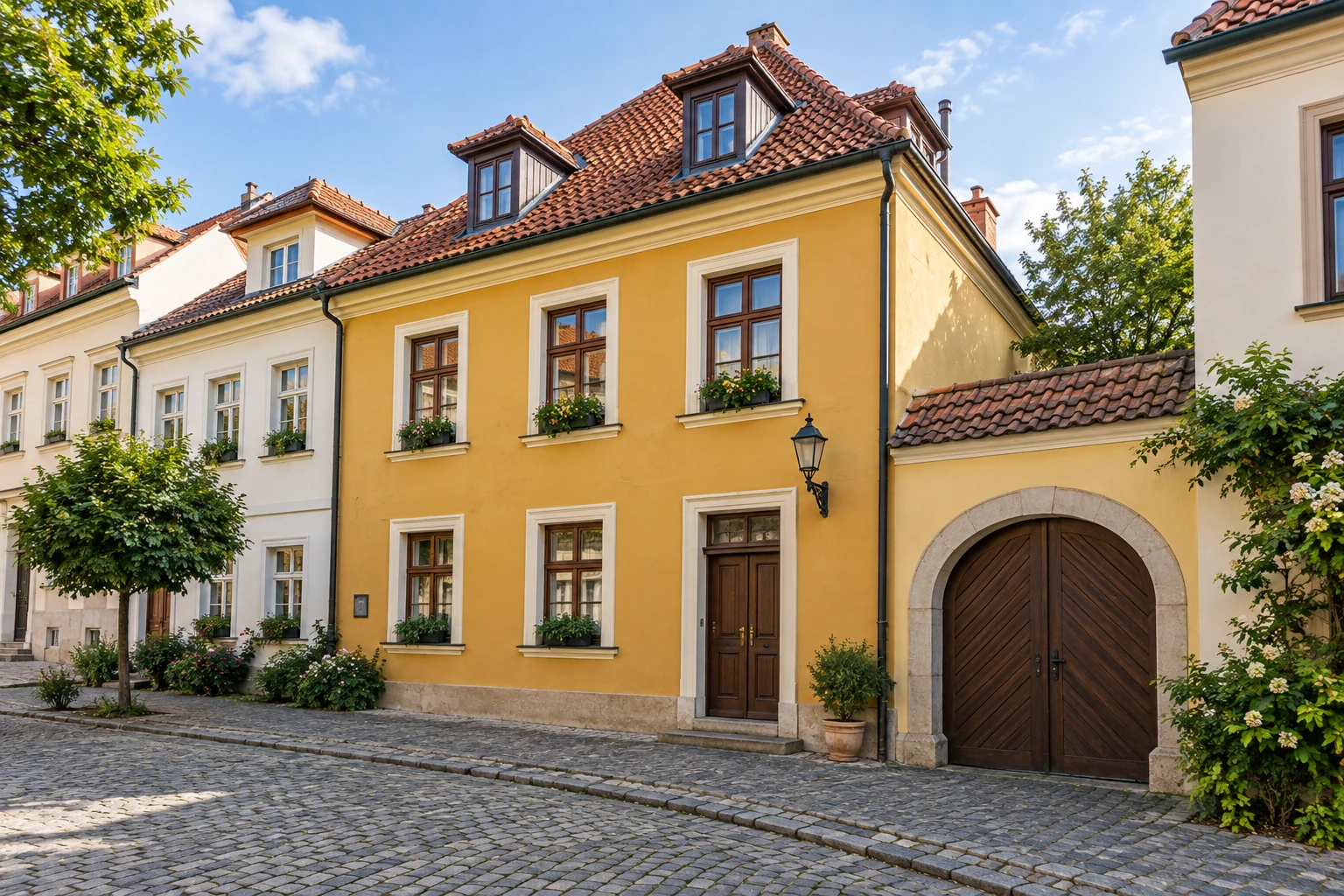 Townhouses with pale plaster facades, tiled roofs and an arched gateway